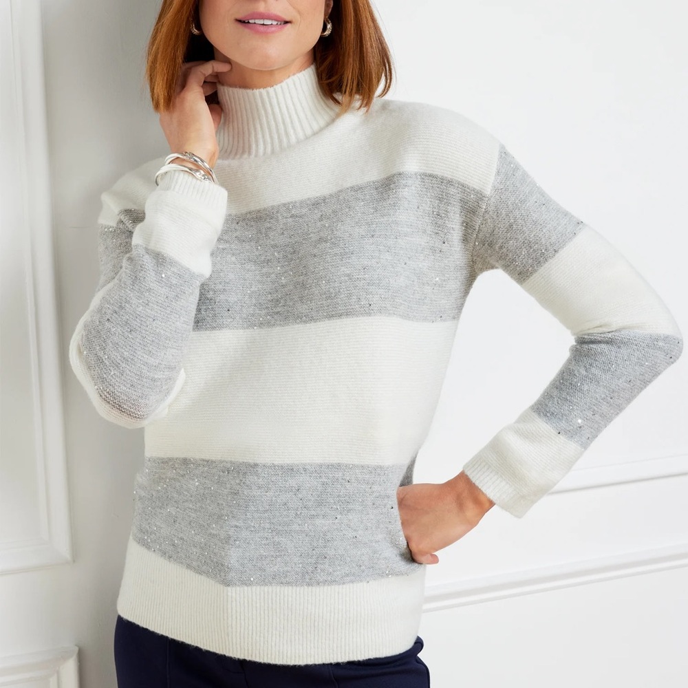 Talbots Small Petite Gray White Sequin Knit Turtle Neck Sweater NWT